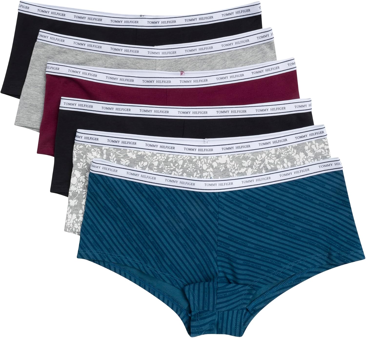 

Женские классические хлопковые трусы-шорты Tommy Hilfiger с логотипом на поясе, упаковка 6 пар, Th Alfalfa Blue Stripe/Heather Grey/Windsor Wine/Bright White/Black/Floral Heather Grey