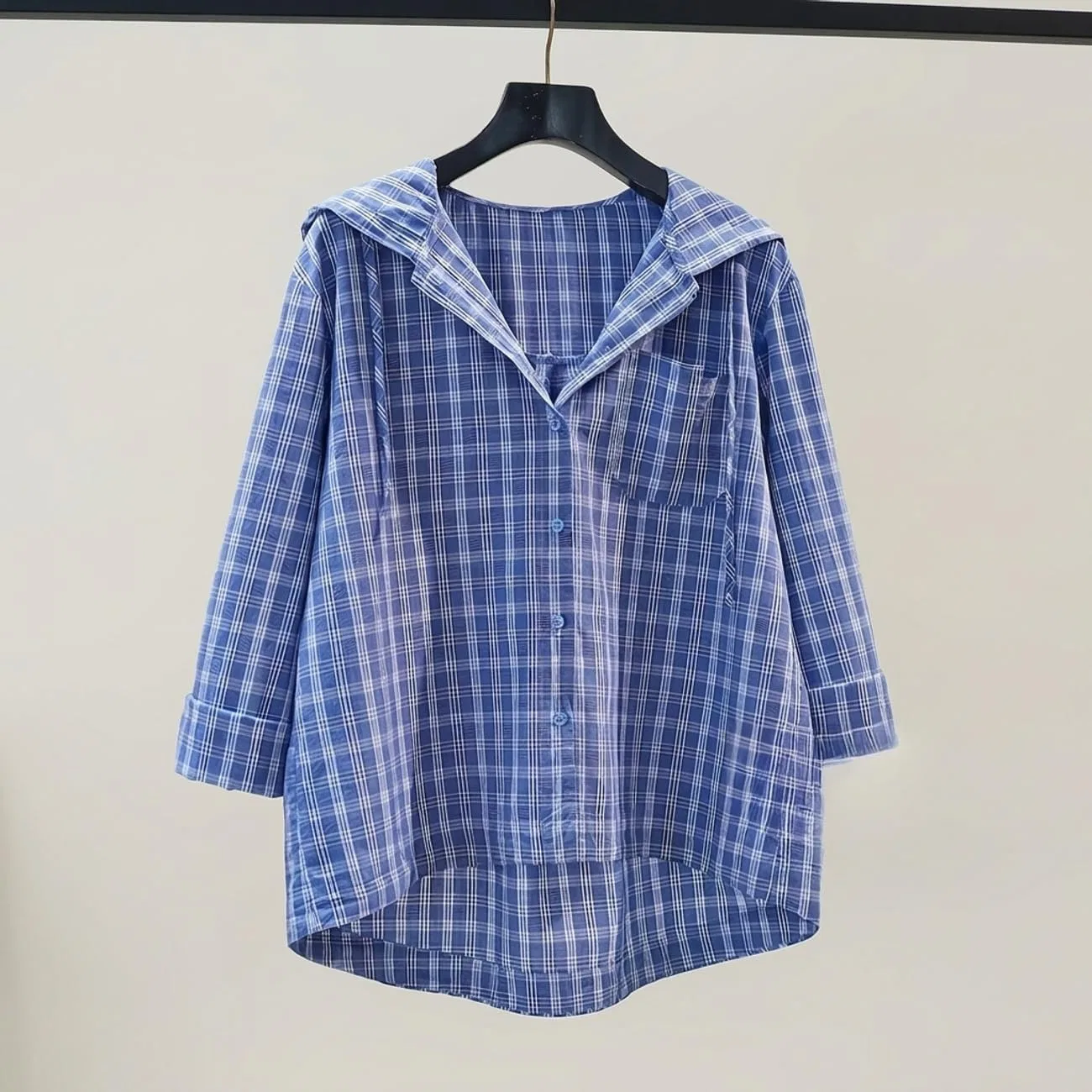 Блуза с капюшоном, клетчатая, женская, Regular Fit, бренд, цвет королевский синий — фото 2