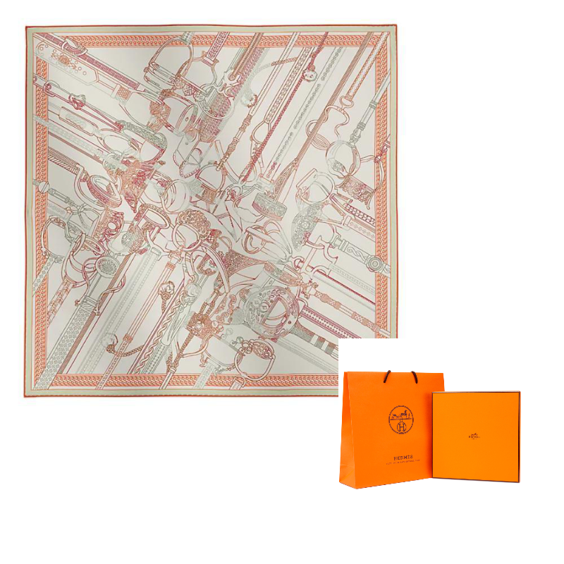 

HERMES Шарф из шелка тутового шелкопряда для женщин Pearl Gray/Green/Orange