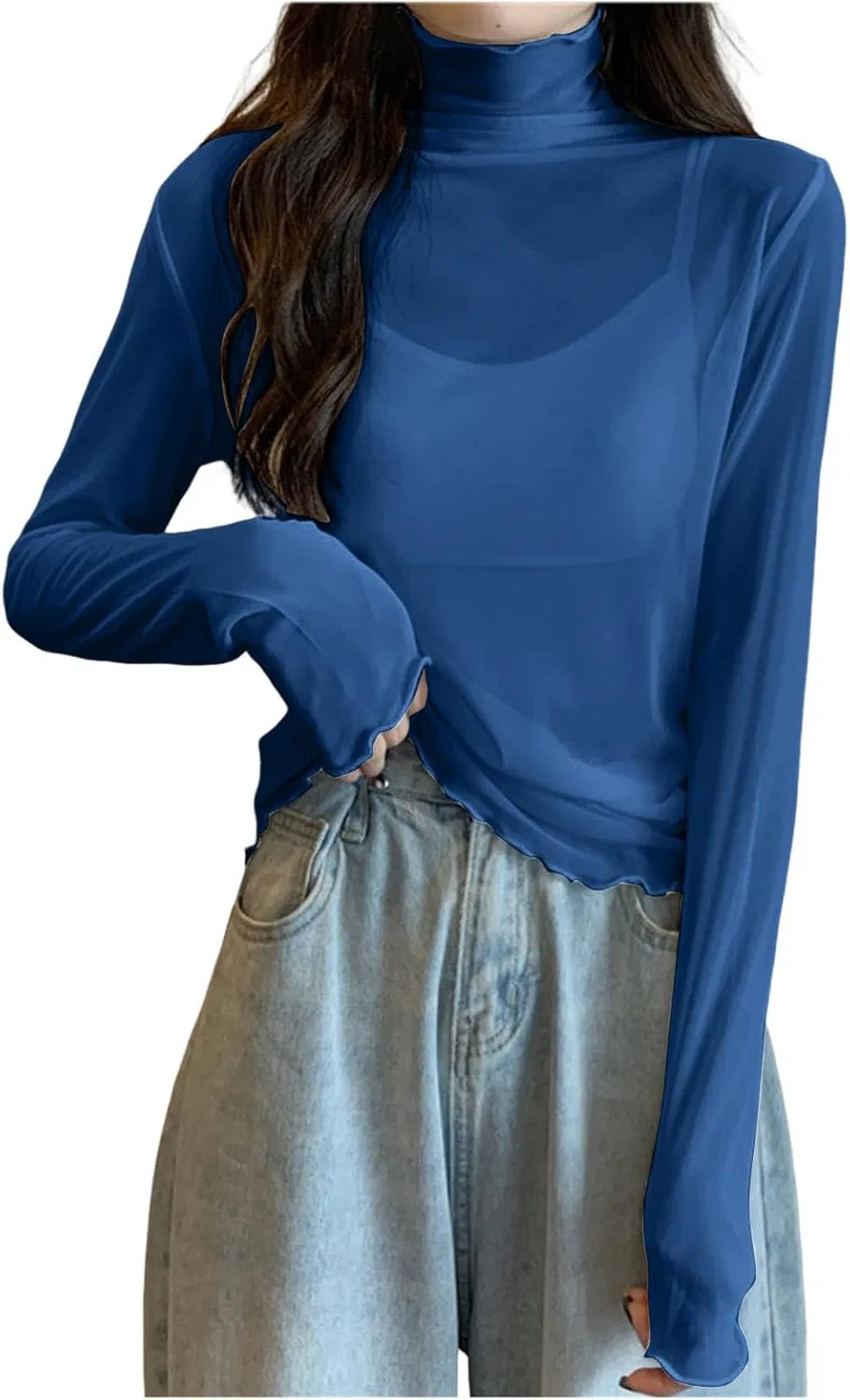 Блуза кружевная с высоким воротником, длинным рукавом, темно-синий