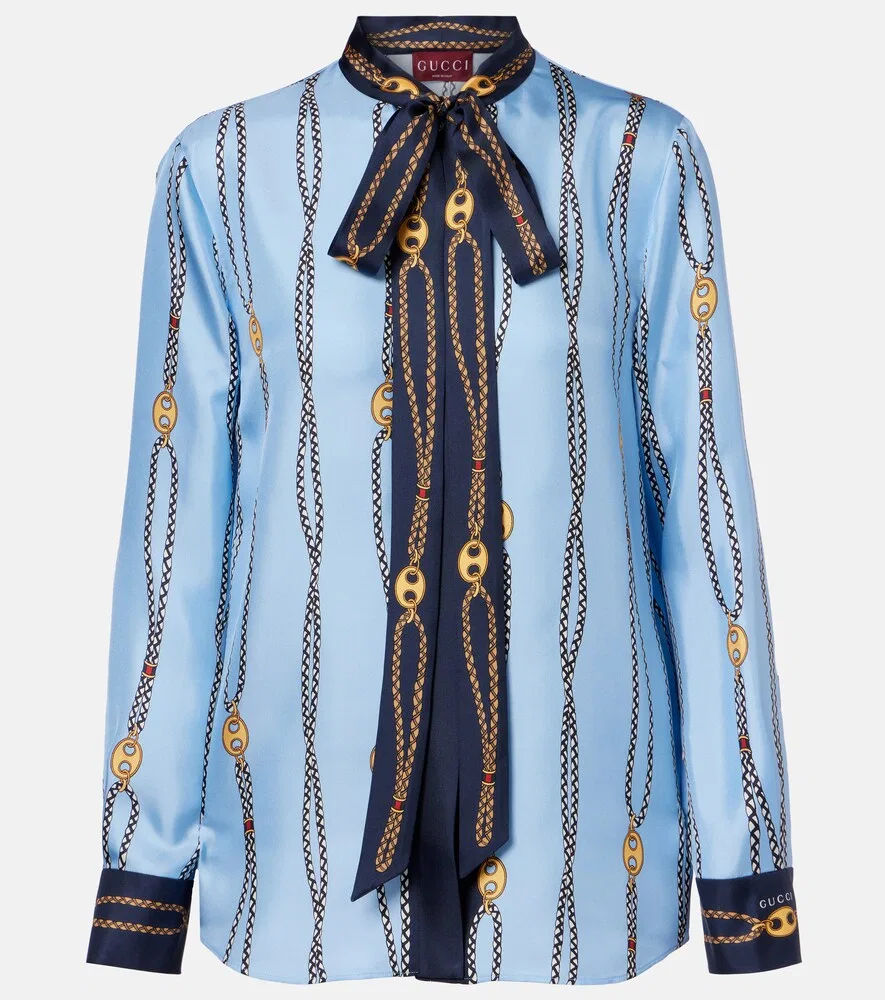 Рубашка Gucci Шелковая твиловая с принтом и воротником-стойкой, синий