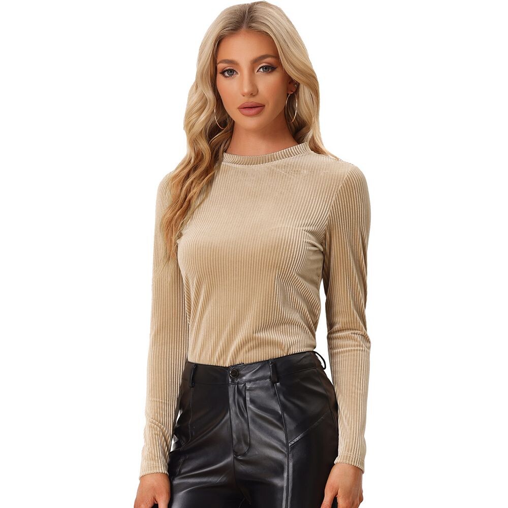 

Женская бархатная блузка в рубчик с длинным рукавом и воротником-стойкой ALLEGRA K, цвет Khaki