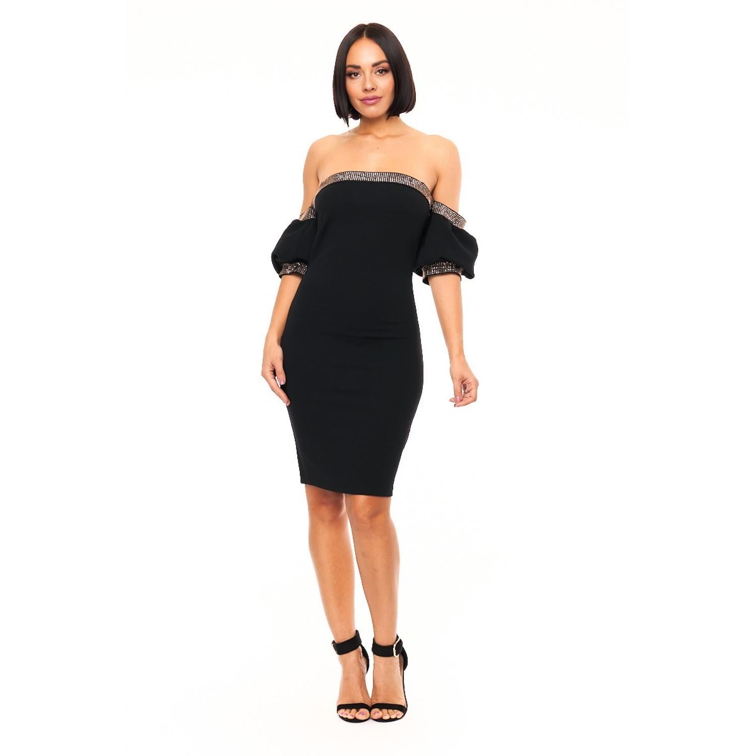 

Модное платье с открытыми плечами и заклепками FASHNZFAB, черный