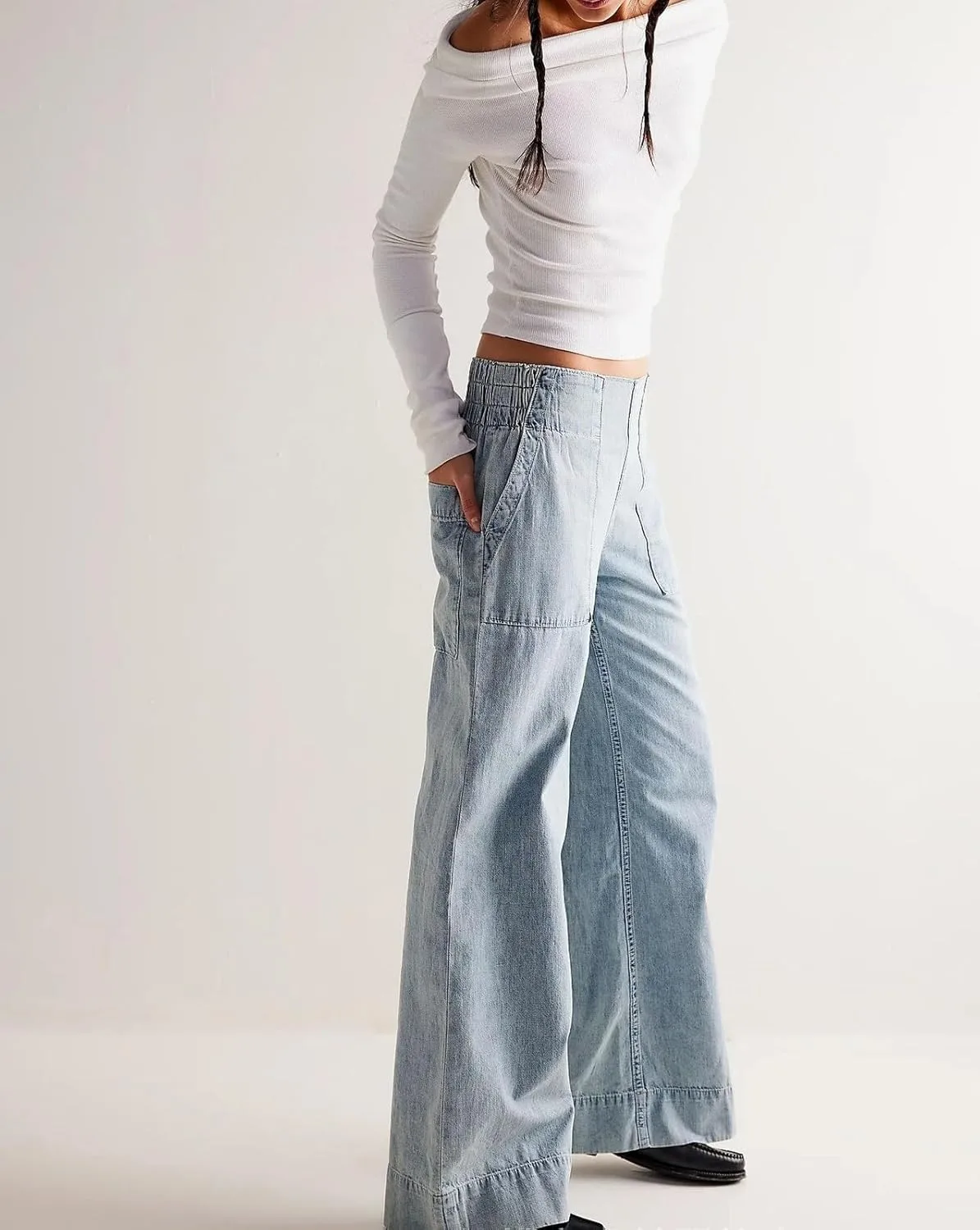 Брюки-джинсы baggy flare для женщин с эластичным поясом и широкими штанинами — фото 3