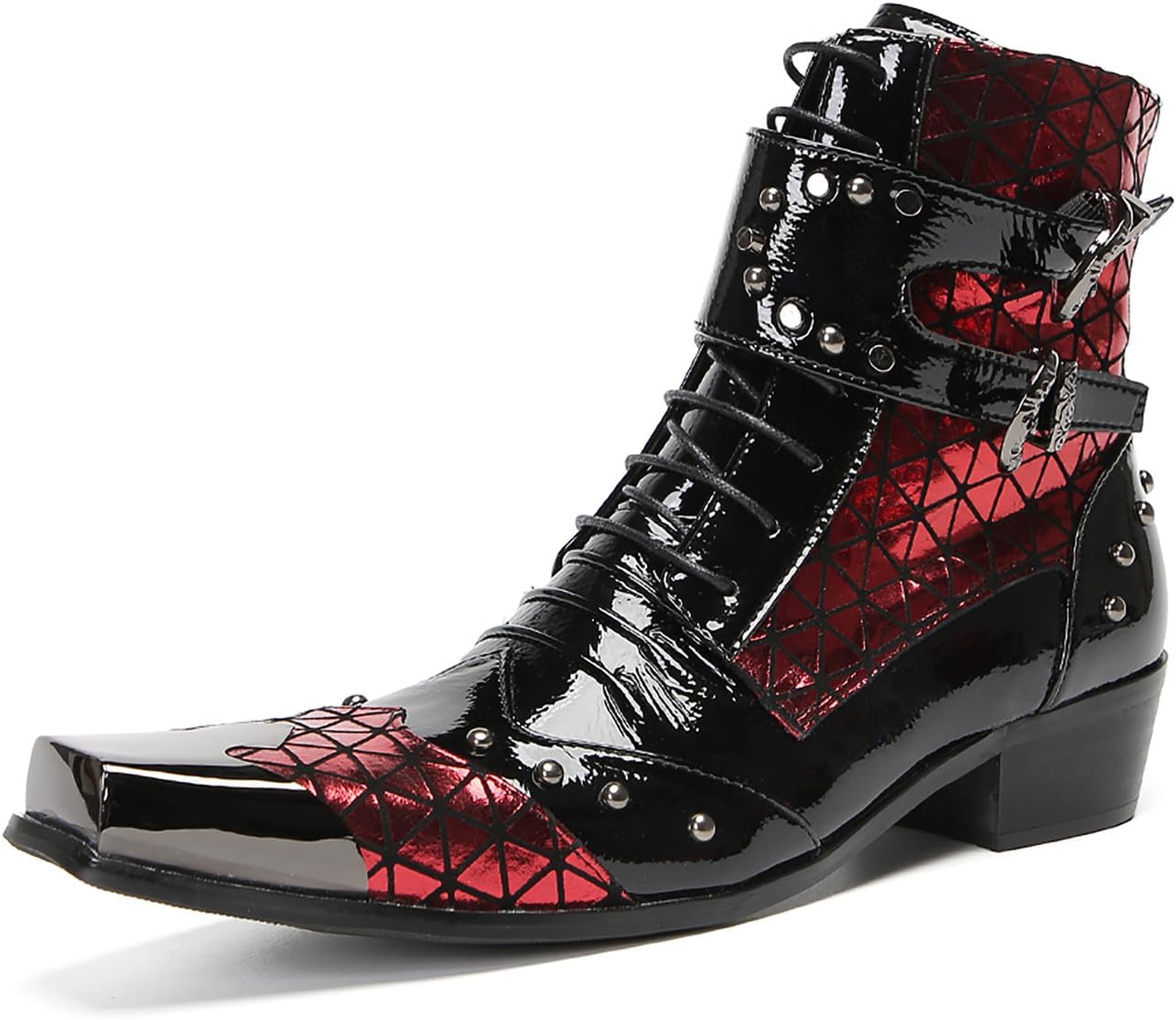 

Мужские кожаные ковбойские сапоги Santimon в западном стиле - повседневные оксфорды с металлическим квадратным носком, ботинки до щиколотки с молнией и двойной пряжкой для вечеринок, диско и бальных танцев, красный
