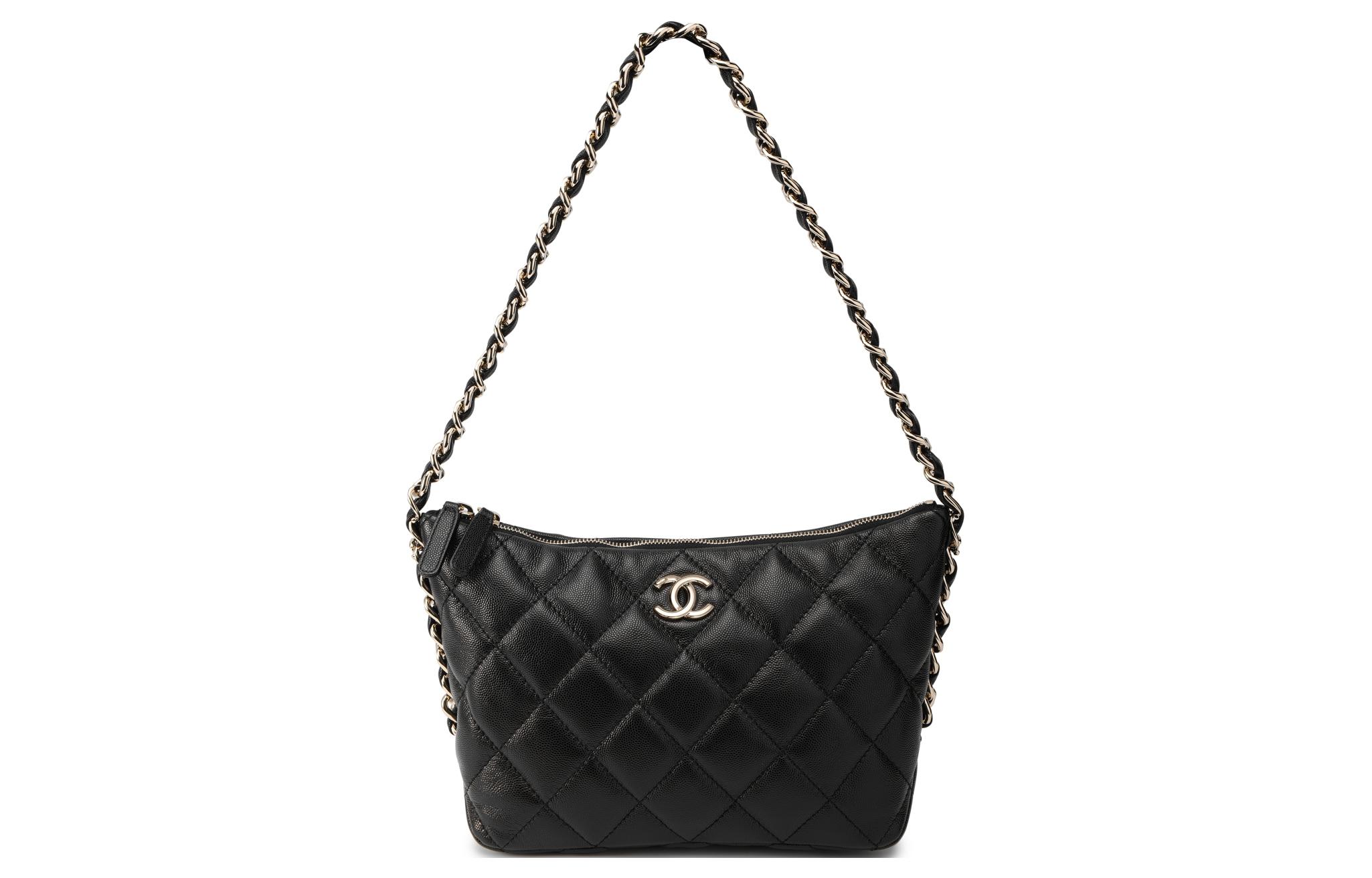 

CHANEL Сумка-хобо из зернистой яркой телячьей кожи в стиле пэчворк, через плечо, женская, среднего размера, черного цвета
