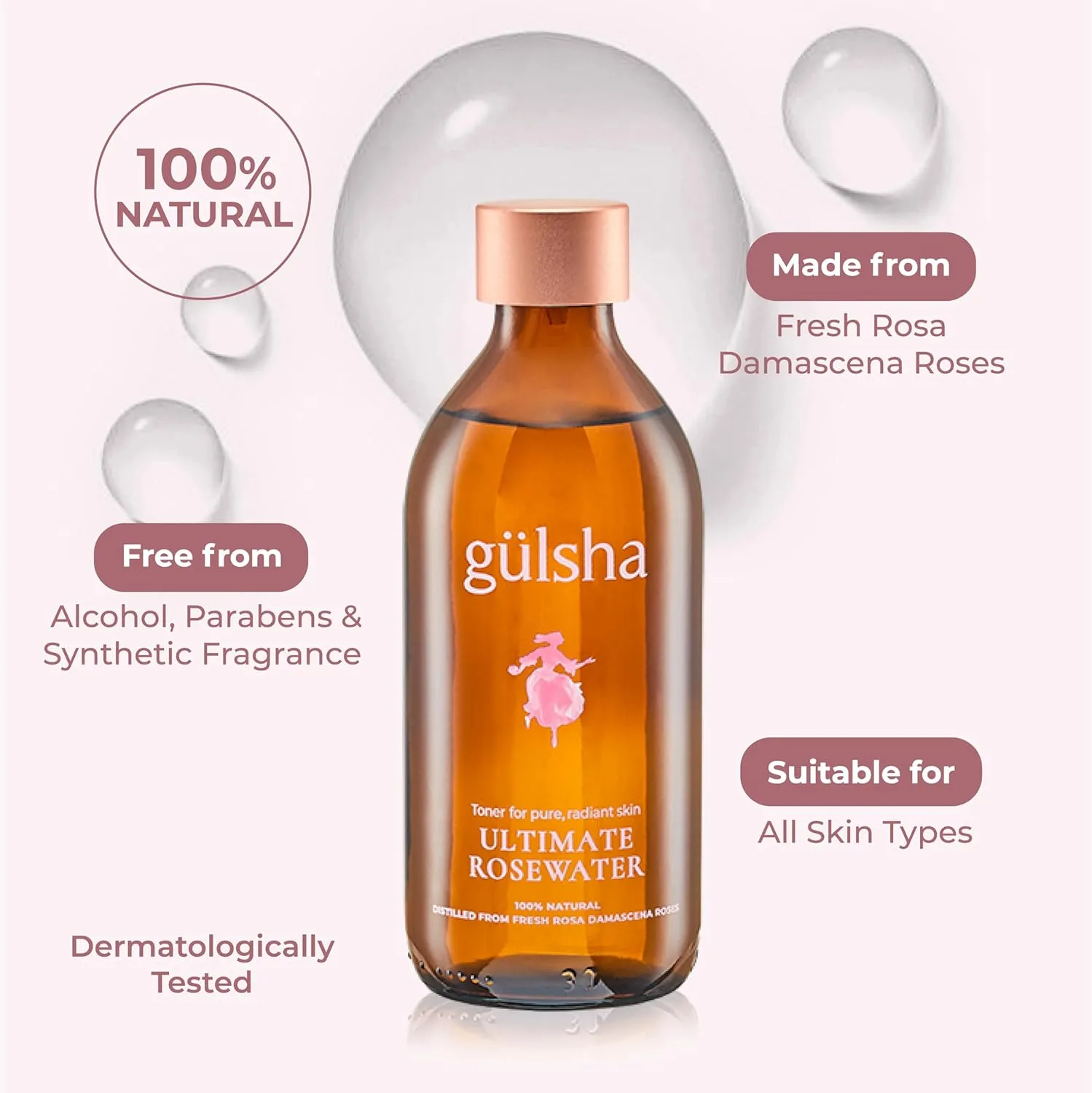 Тоник Gülsha — GULSHA ULTIMATE ROSEWATER, натуральная цветочная вода Rosa Damascena, очищает, питает и, 200 мл — фото 2