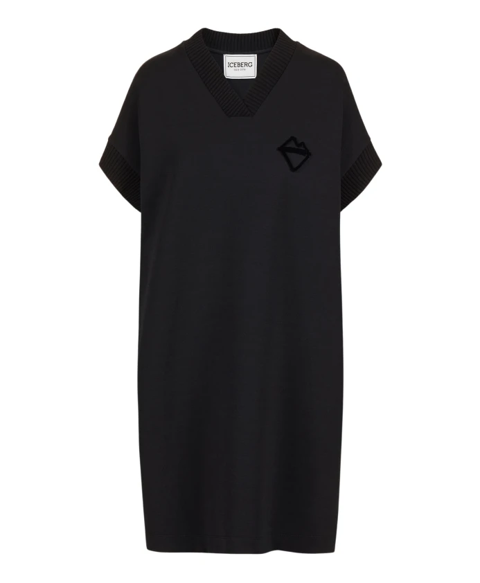 

Черное платье с V-образным вырезом и рельефным логотипом. Iceberg, черный