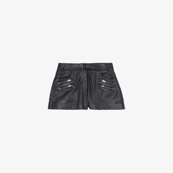 

Кожаные шорты с высокой талией и поясом, украшенные молнией The Kooples, черный
