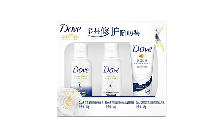 Набор косметики Dove для путешествий: шампунь, кондиционер и гель для душа, 50 г+50 г+45 г — фото 2