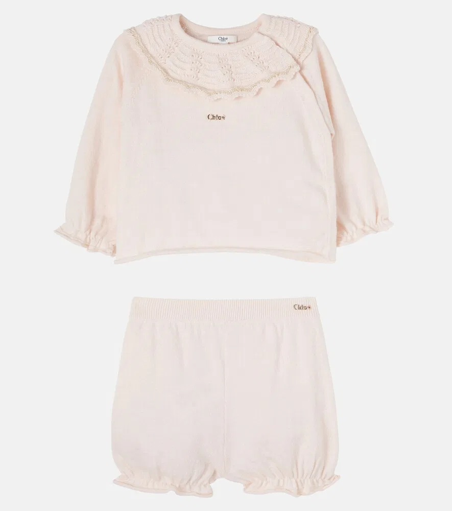Детский комбинезончик из хлопка и кашемира с оборками Chloé Kids, розовый — фото 4