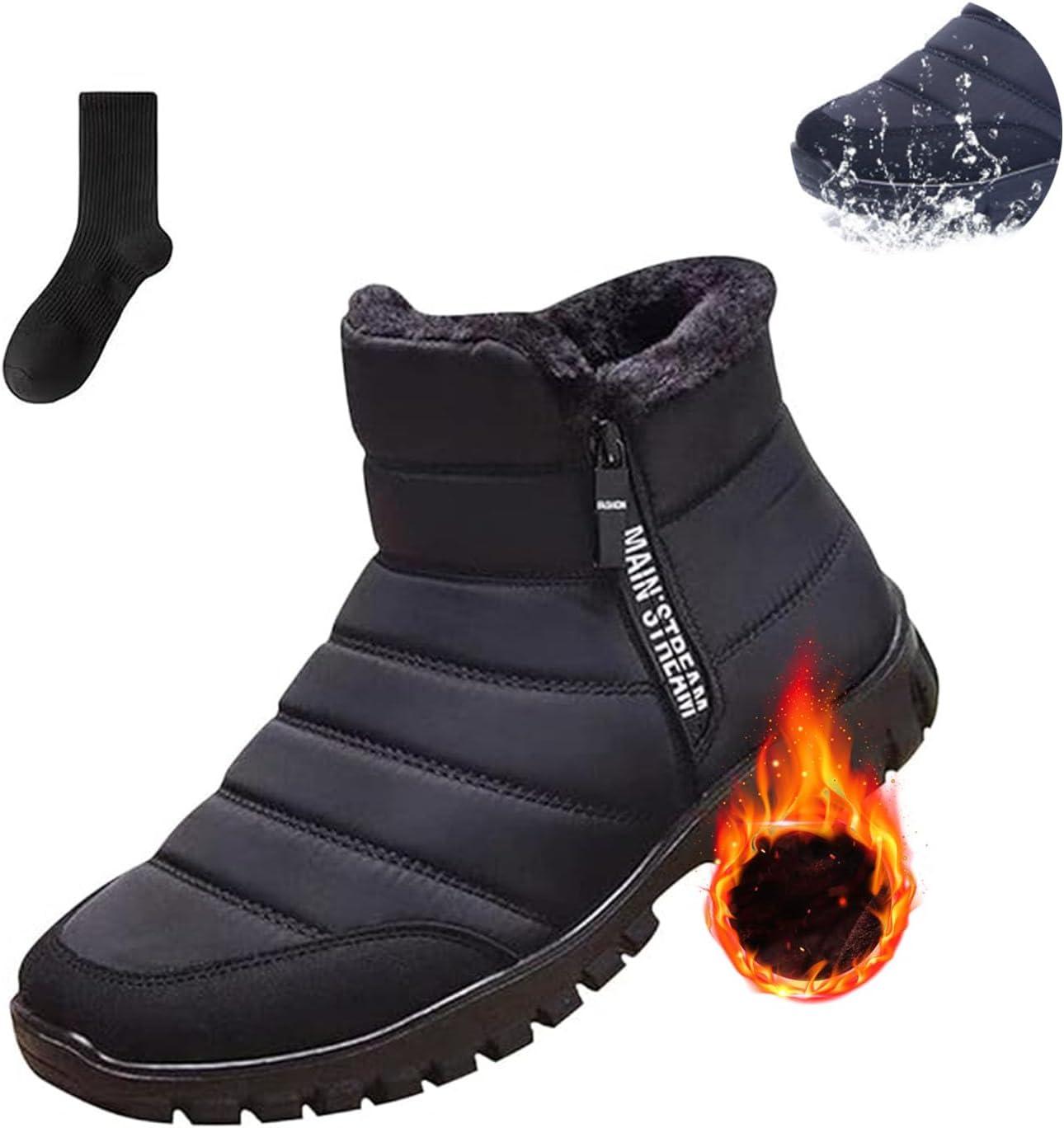 

Мужская ортопедическая обувь, водонепроницаемые зимние мужские ботинки с мехом, утепленные зимние ботильоны с молнией на щиколотке Noworfewer, черный