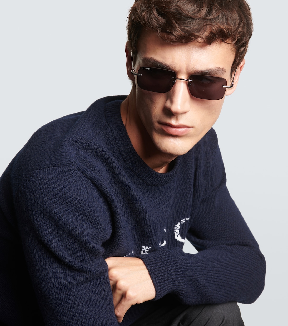 Прямоугольные солнцезащитные очки с подвеской Horsebit Gucci, Silver-Silver-Blue — фото 2