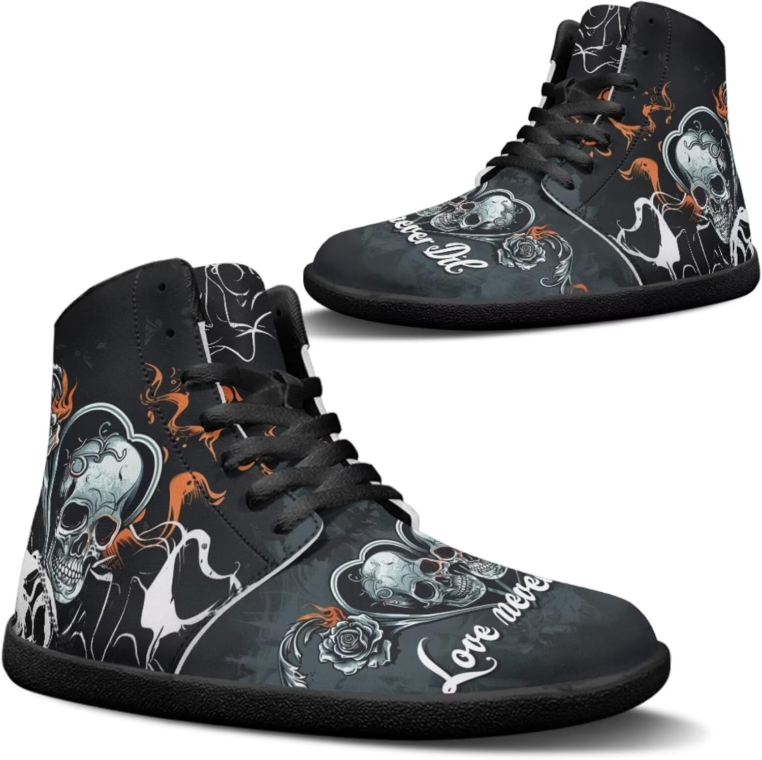 

Кроссовки Binienty для мужчин и женщин с высокой посадкой, без носка, на шнуровке, из искусственной кожи, противоскользящие, Skull Love Never Die
