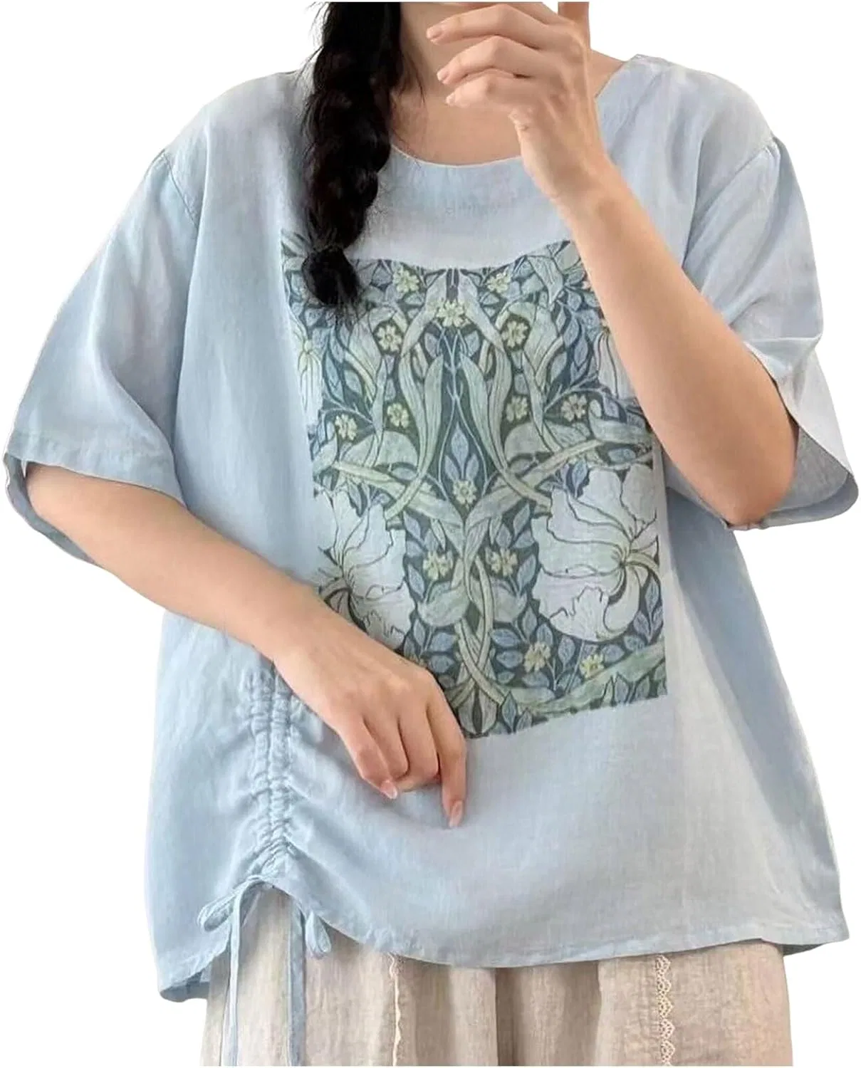 Футболка, хлопок и лен, женская, Oversize, светло-синий