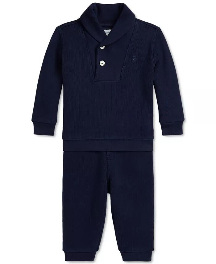 

Комплект из детского хлопкового свитера и брюк с шалевым воротником Polo Ralph Lauren, синий