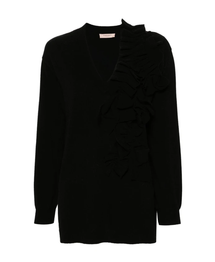 

Черное вязаное платье с оборками и V-образным вырезом Twinset, черный