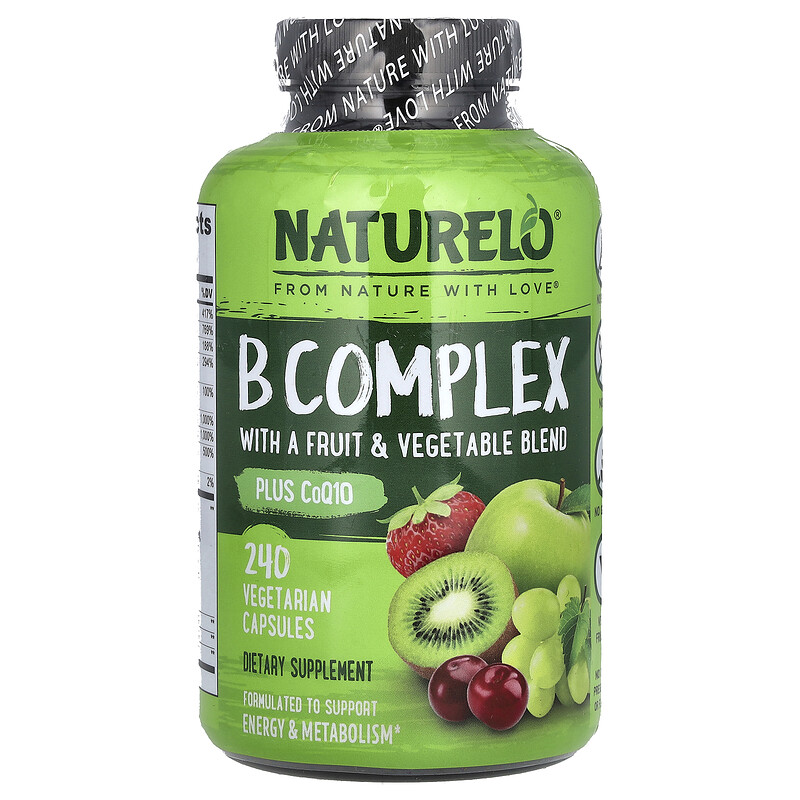 

NATURELO, Комплекс витаминов группы B со смесью фруктов и овощей, плюс коэнзим Q10, 240 вегетарианских капсул