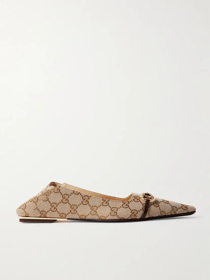 Балетки Vittoria из жаккардового полотна с деталями Horsebit и кожаной отделкой GUCCI, бежевый