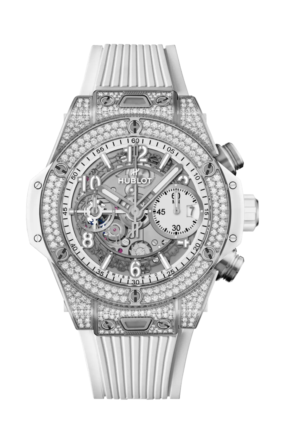 

Часы Hublot Big bang univo 42 из белого титана с бриллиантами