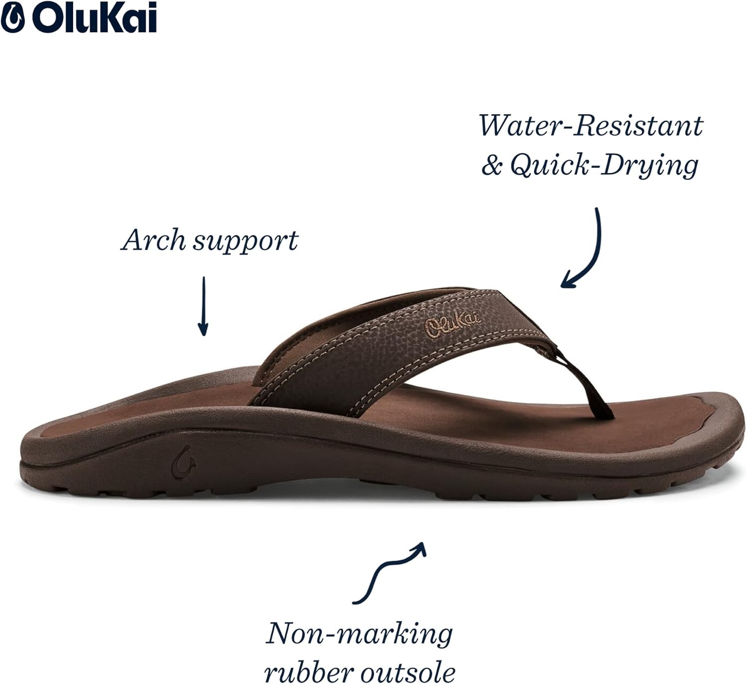 Мужские пляжные сандалии OLUKAI Ohana, водонепроницаемые шлепанцы, поддержка свода стопы и комфортная посадка, легкие и прочные, улучшенное сцепление и устойчивость, Dark Java/Ray — фото 4