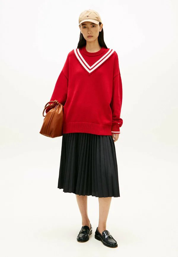 Двуслойный свободный джемпер для крикета с круглым вырезом Tommy Hilfiger, Medium Red — фото 2