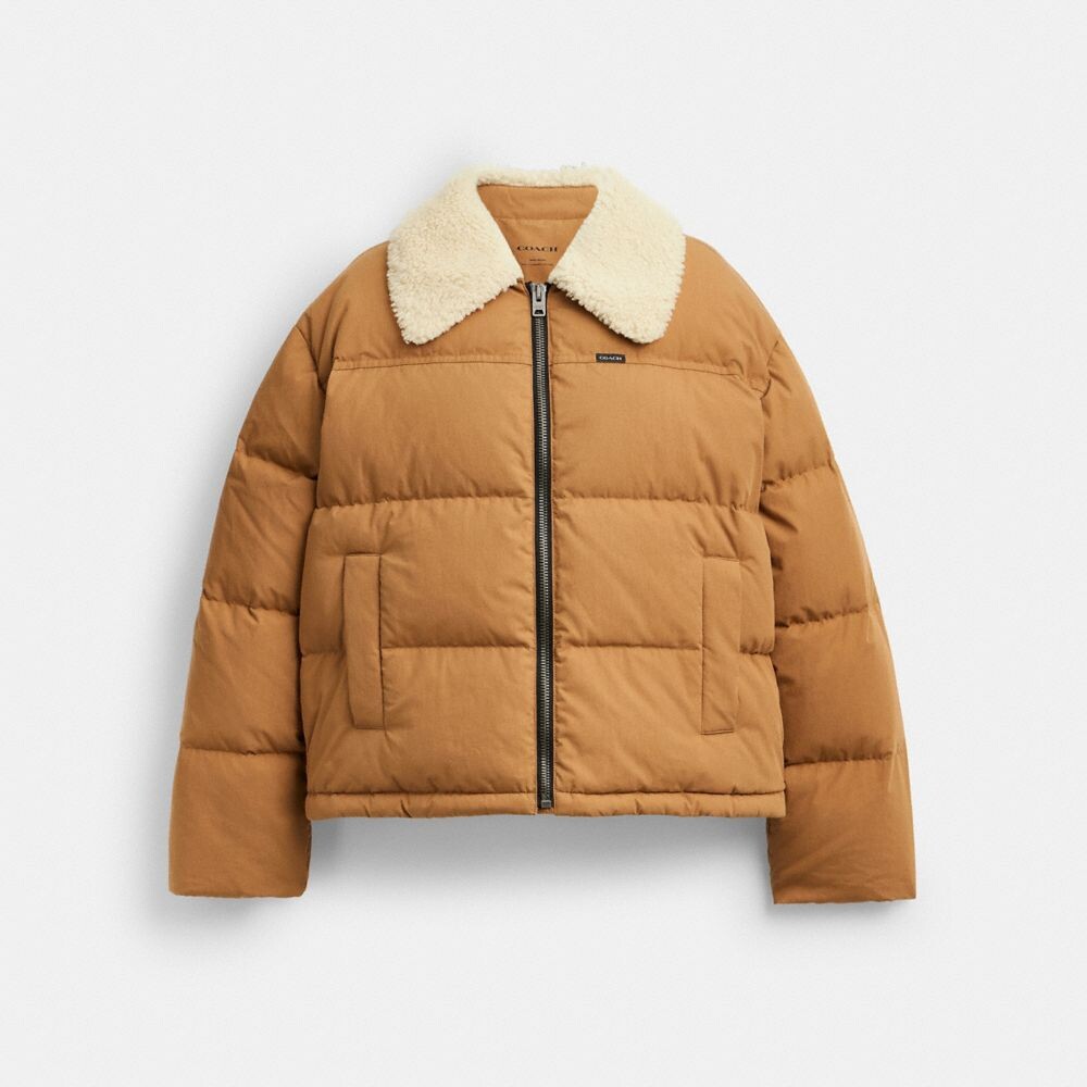 

Хлопковый пуховик с воротником из овчины COACH, цвет chai