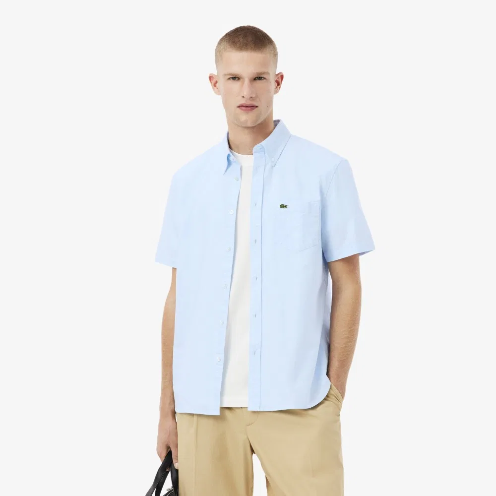 Мужская оксфордская рубашка с коротким рукавом, небесно-голубая, от Lacoste