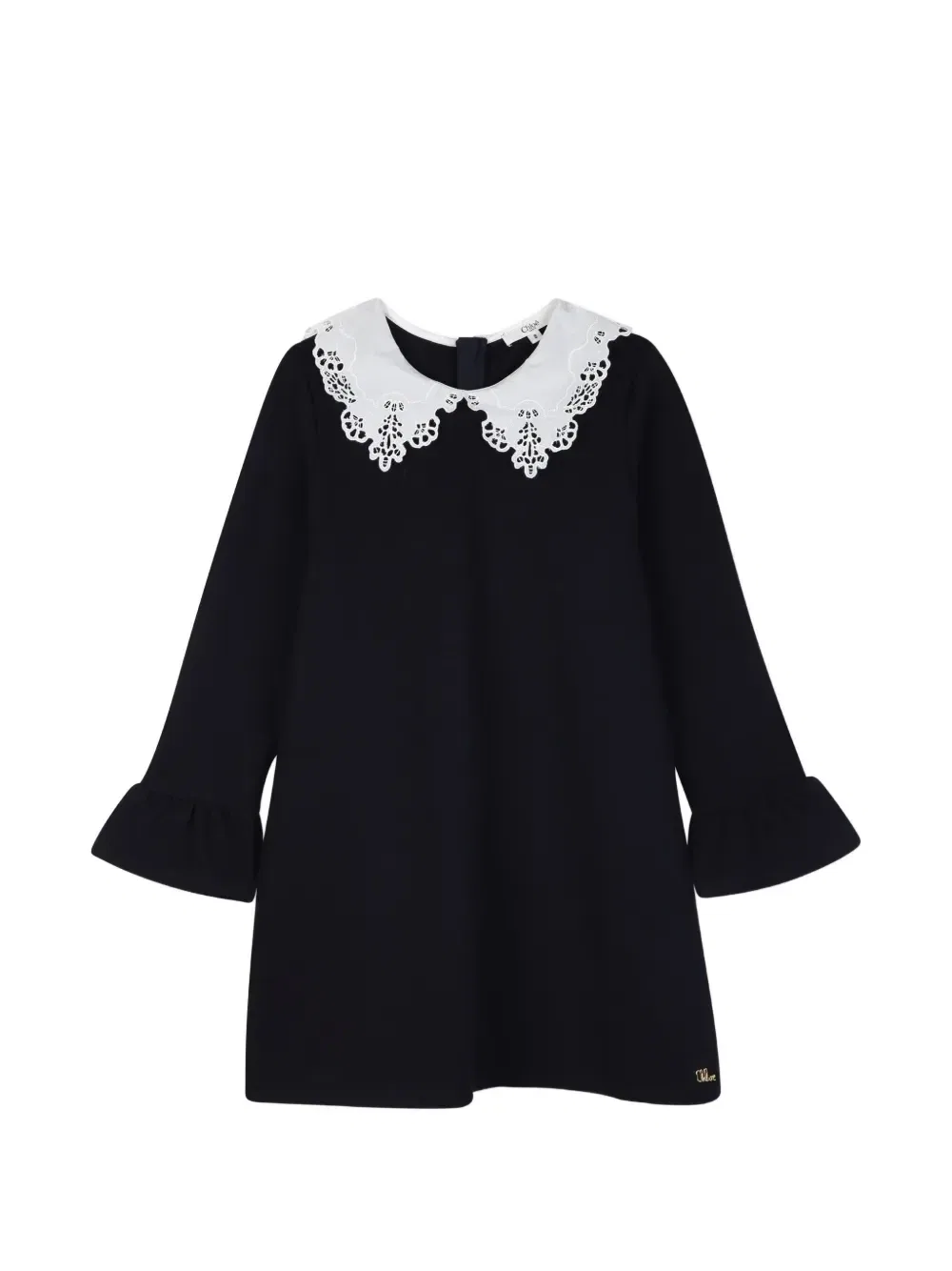 Платье с воротником из английской вышивки и оборками на манжетах Chloé Kids, синий