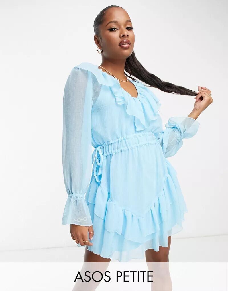 

Синее структурированное шифоновое платье мини с рюшами ASOS DESIGN Petite