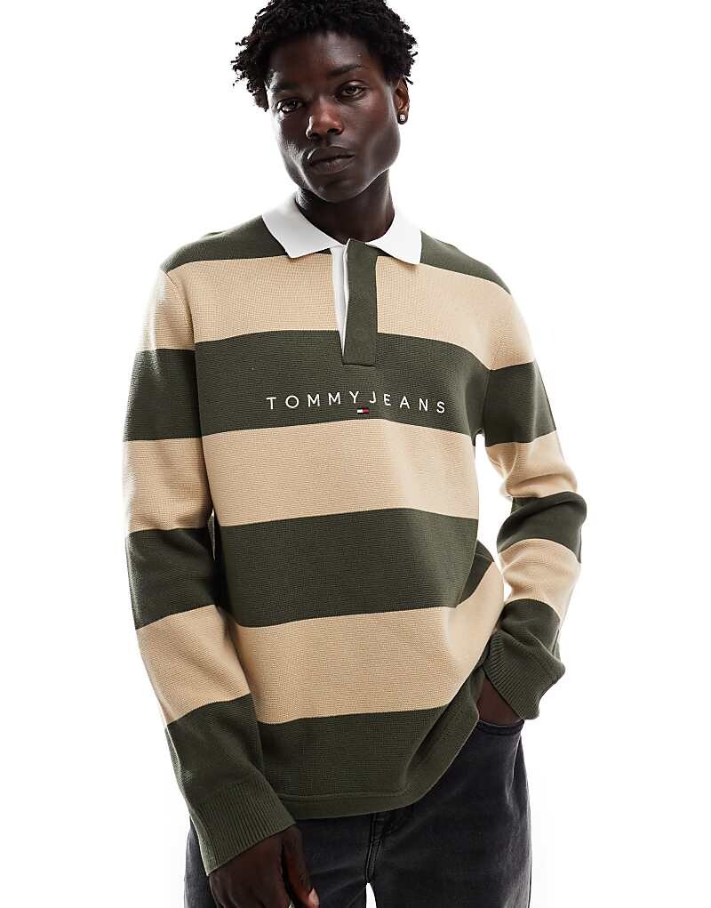 

Tommy Jeans – рубашка в стиле регби с зелеными и экрю-полосками
