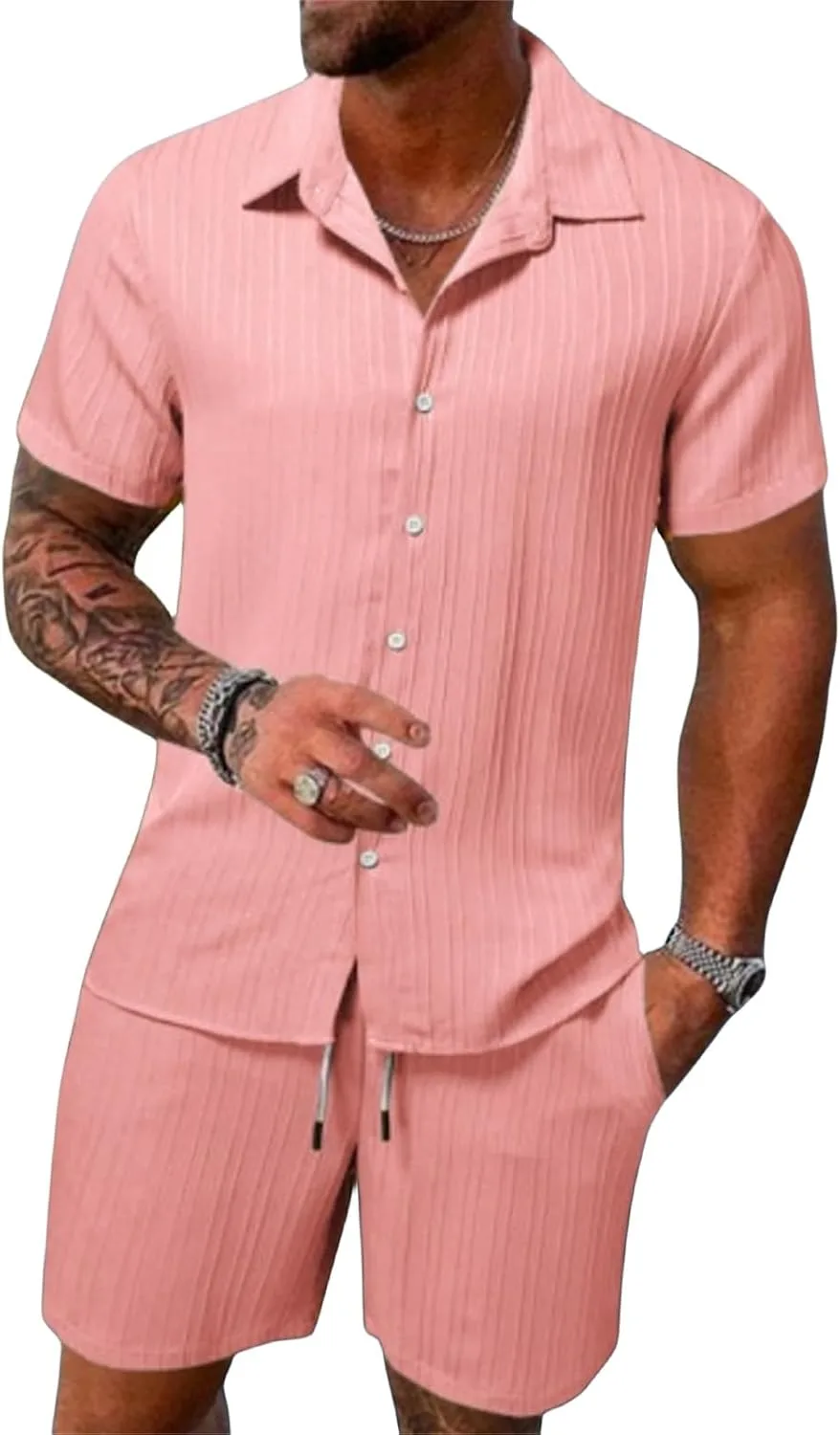 

Мужской летний комплект из двух предметов: короткий рукав, кубинская рубашка и шорты из хлопка и льна CHXLQQX