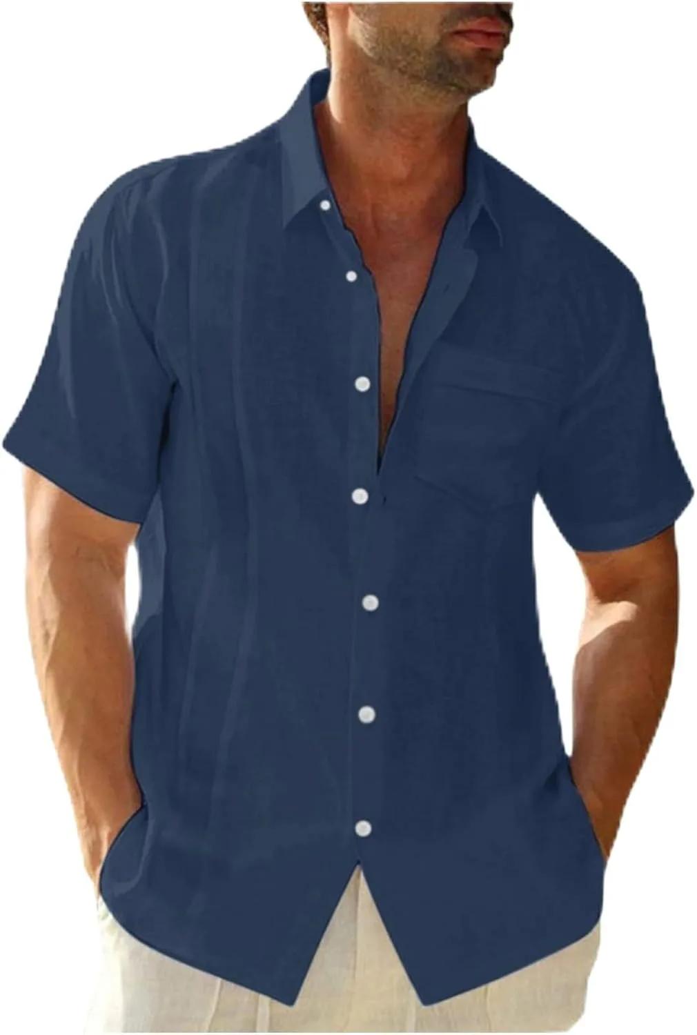 Мужская льняная рубашка на пуговицах с коротким рукавом, однотонная, летняя, пляжная, повседневная, стильная, стандартного кроя, для круизов Generic, синий