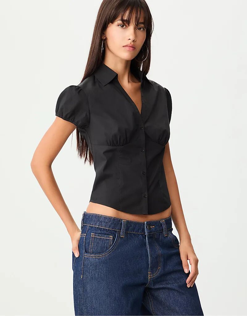 

Рубашка Stradivarius Fitted с короткими рукавами черного цвета