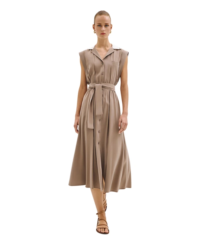 

Платье-Рубашка в полоску с воротником и карманами. Access Fashion, бежевый