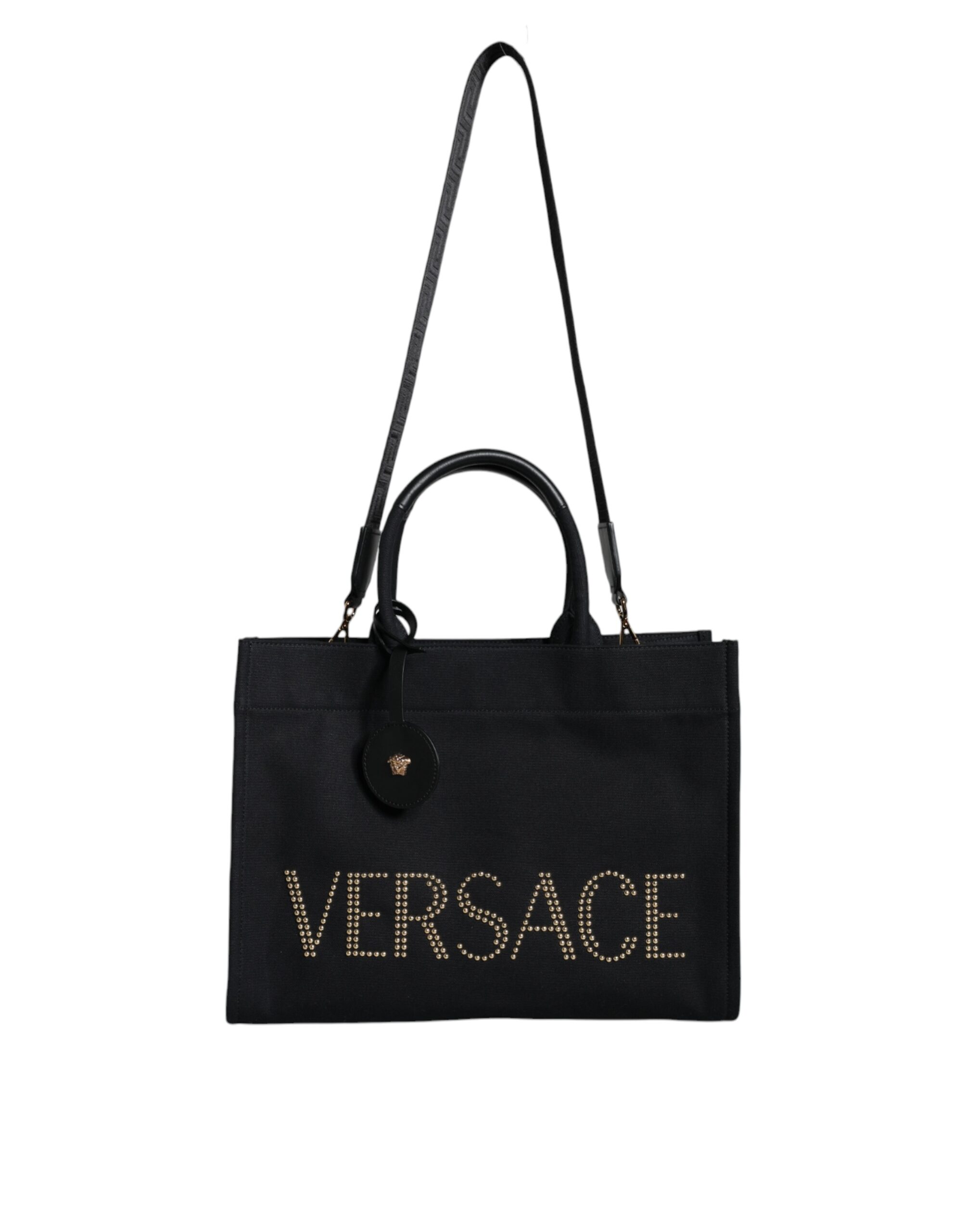 

Черная сумка-тоут с логотипом из холщовой кожи и верхней ручкой Versace