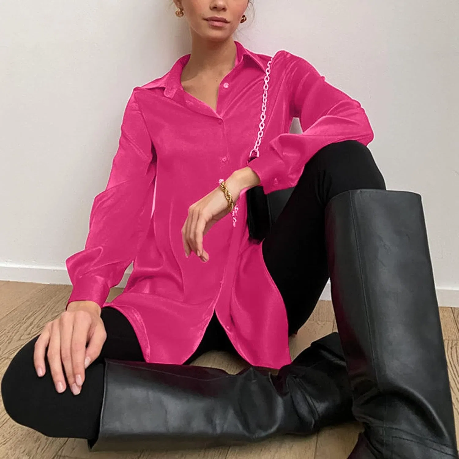 Блуза с открытым воротником, Layered look, ярко-розовый — фото 4