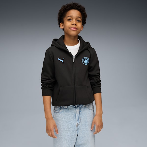 

Футбольная толстовка с капюшоном на молнии для больших детей Manchester City Soccer Essentials Puma, черный