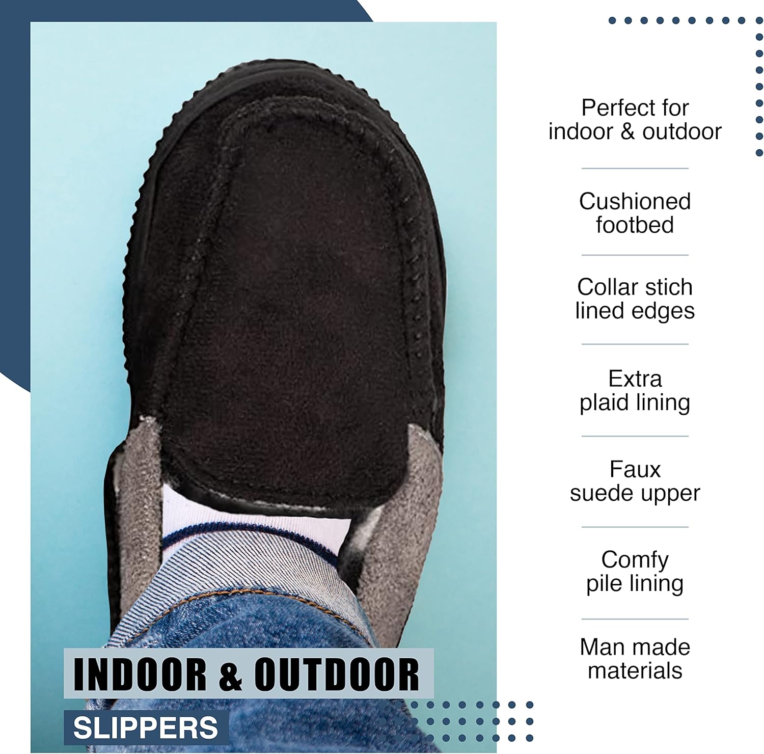 Детские тапочки NORTY Moccasin - удобные слипоны для малышей для мальчиков и девочек - искусственная замша - размер маломерит на один размер, черный/серый — фото 4
