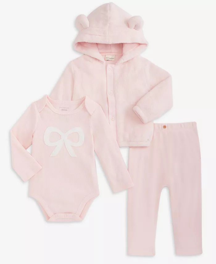 

Детский худи из искусственной шерпы, боди с бантом и брюки из велюрового ребра First Impressions, розовый