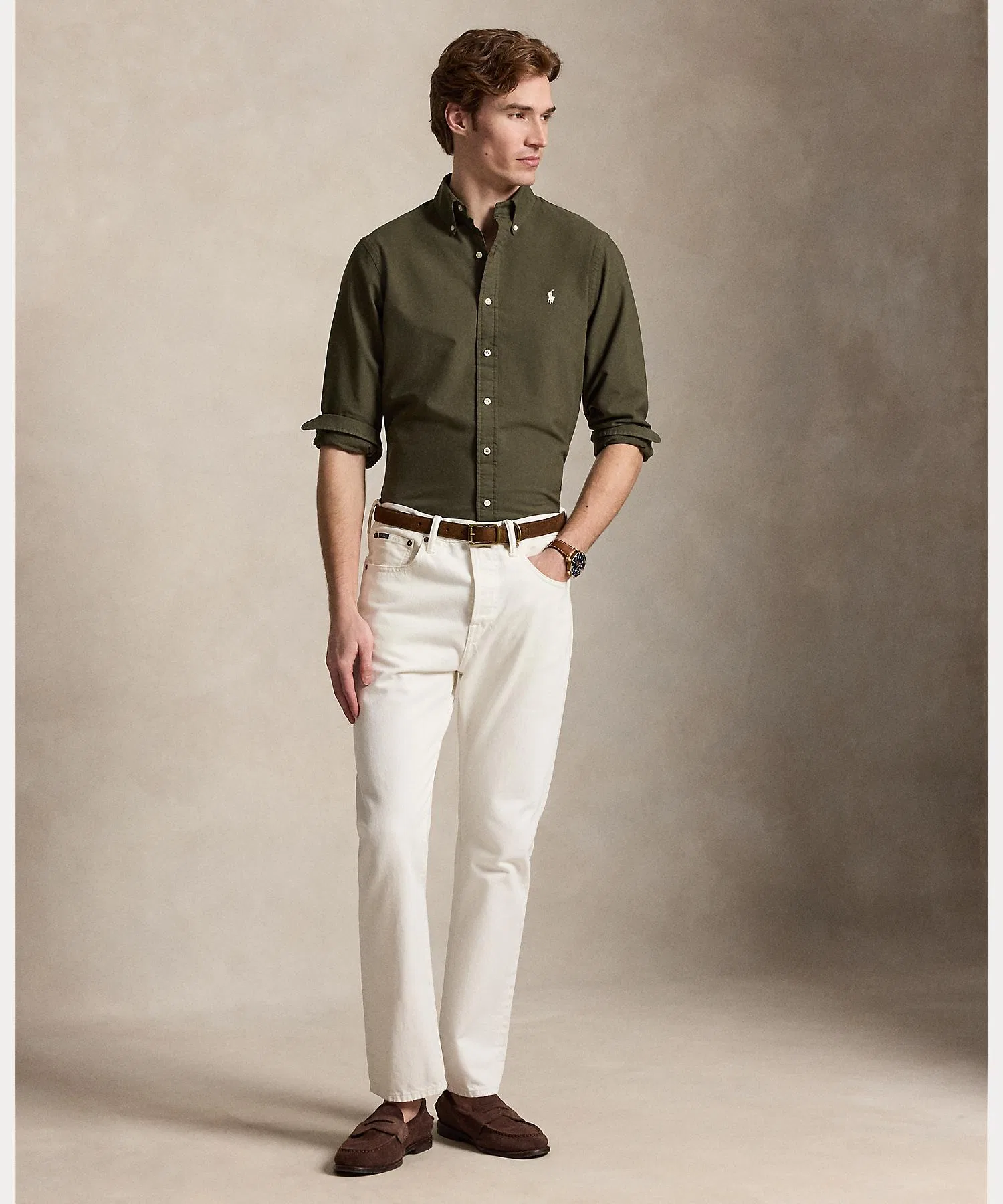 Мужская хлопковая рубашка Polo Ralph Lauren классического кроя, зелёная — фото 3