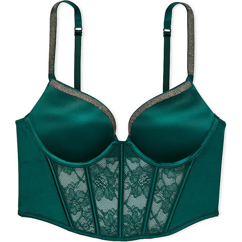 

Victoria's Secret Розовый очень сексуальный бюстгальтер Bombshell с эффектом +2 размера, блестящие бретели, пуш-ап, корсетный крой, модель Ge, женский, зеленый