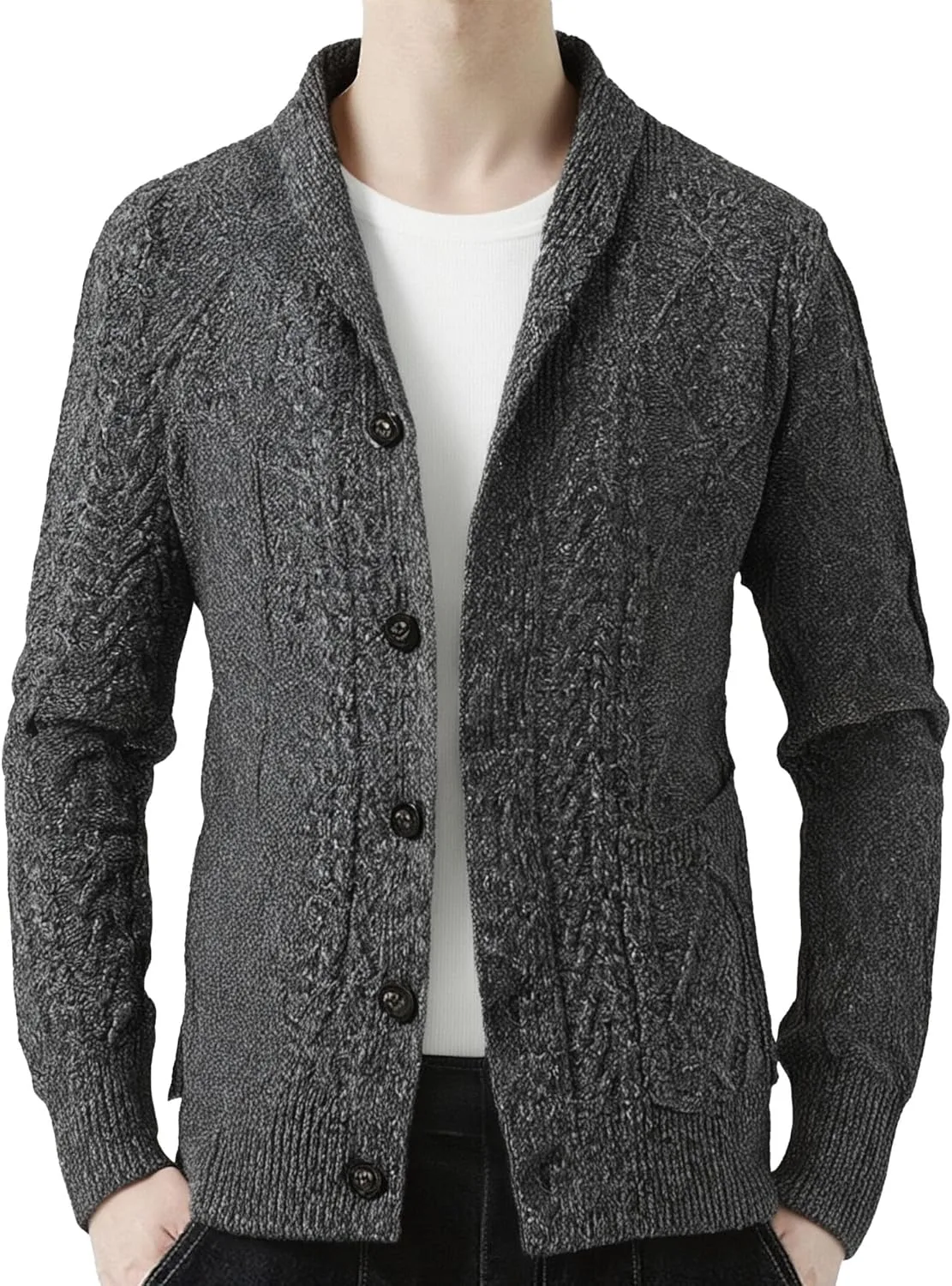 

Мужской кардиган с воротником-шалью, длинный рукав, кабельная вязка, с карманами DGHM-JLMY