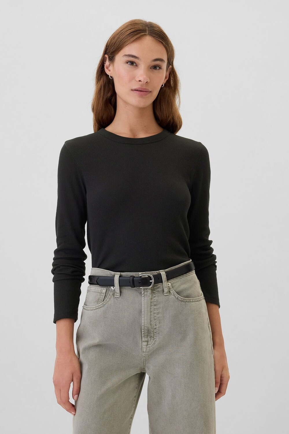 

Футболка с длинными рукавами и круглым вырезом, вафельная трикотажная футболка Gap, черный