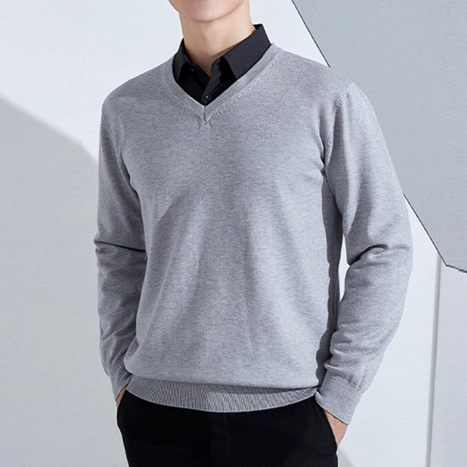 Мужской укороченный свитер V-образным вырезом Slim Fit — фото 2