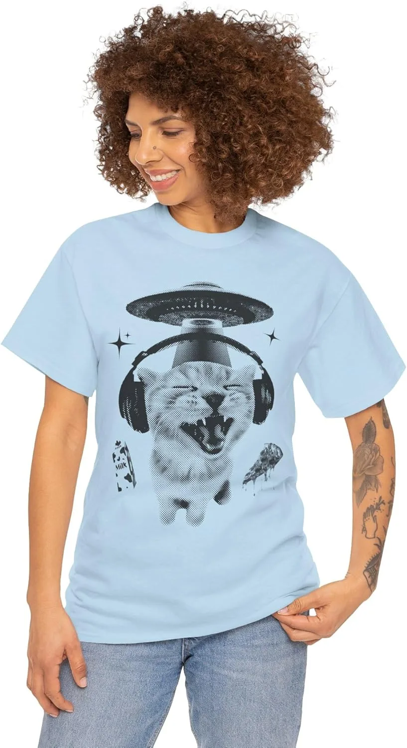 Футболка с принтом Alien Cat Meme, забавный винтажный бутлег 90-х, UFO y2k GENERIC, светло-голубой — фото 2