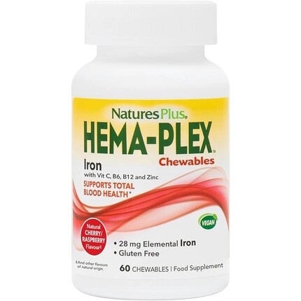 

NaturesPlus HemaPlex Жевательное железо с витамином С, метилом B12 и фолатом, 60 жевательных таблеток Nature's Plus