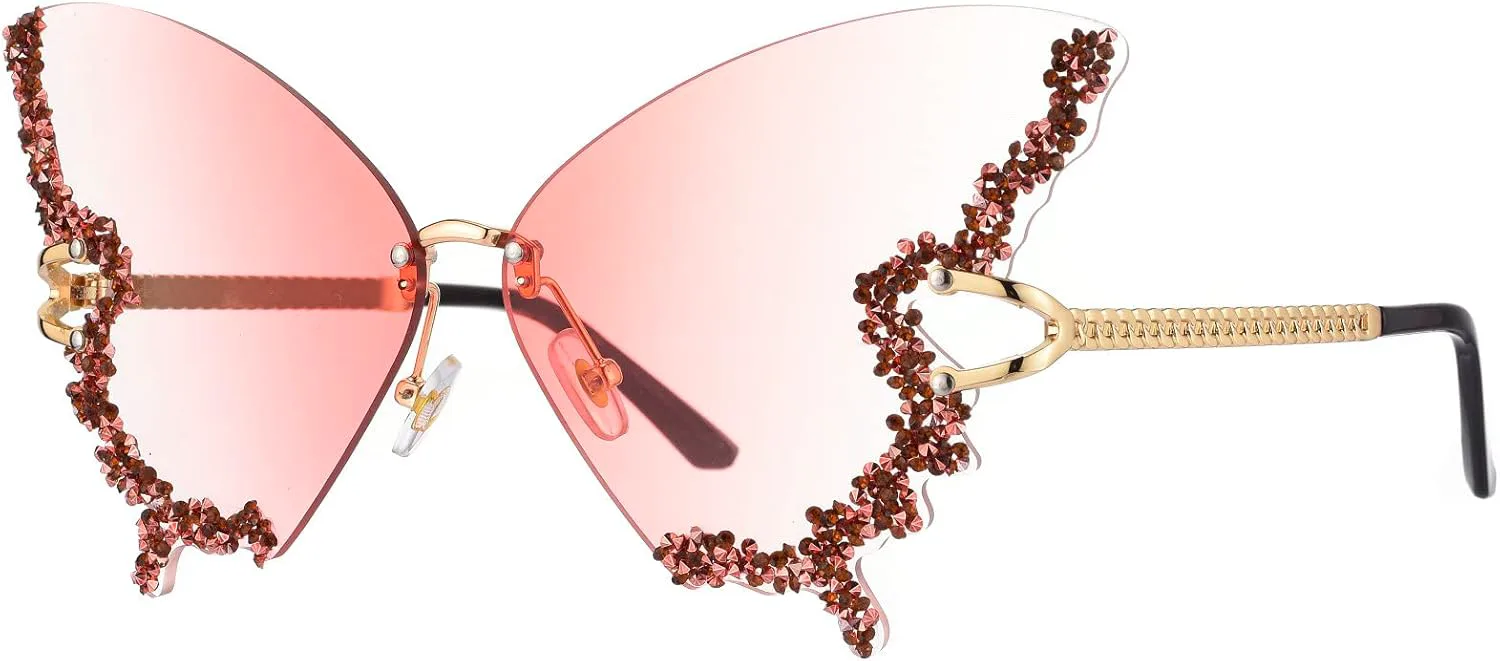 

Роскошные солнцезащитные очки-бабочки с бриллиантами для женщин, винтажные, без оправы, с крупными стразами, солнцезащитные очки в стиле Y2K mincl, 2pcs-purple&pink