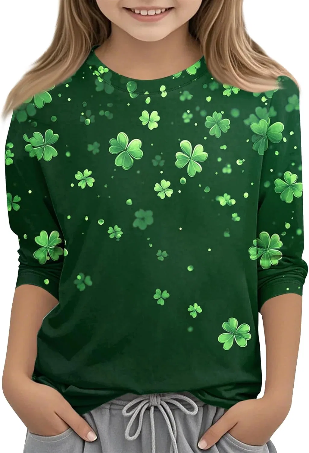 Футболка с принтом Shamrock, 3/4 рукав, оверсайз, Girls, 1-dark Green