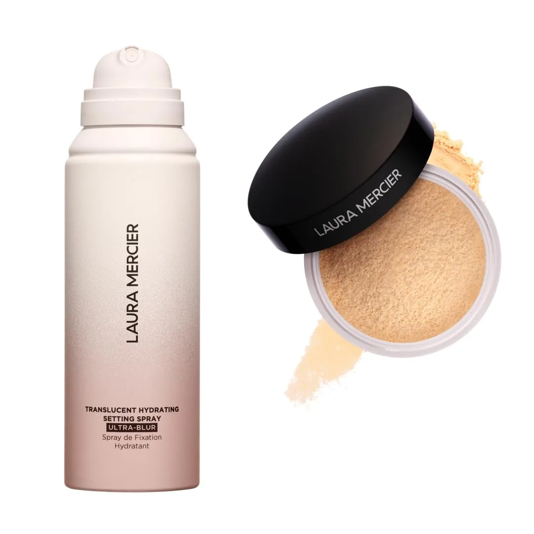Laura Mercier Translucent Loose Setting Powder в оттенке Translucent Honey и Hydrating Setting Spray Ultra-Blur, 24-часовой контроль сияния, с гиалуроновой кислотой, набор